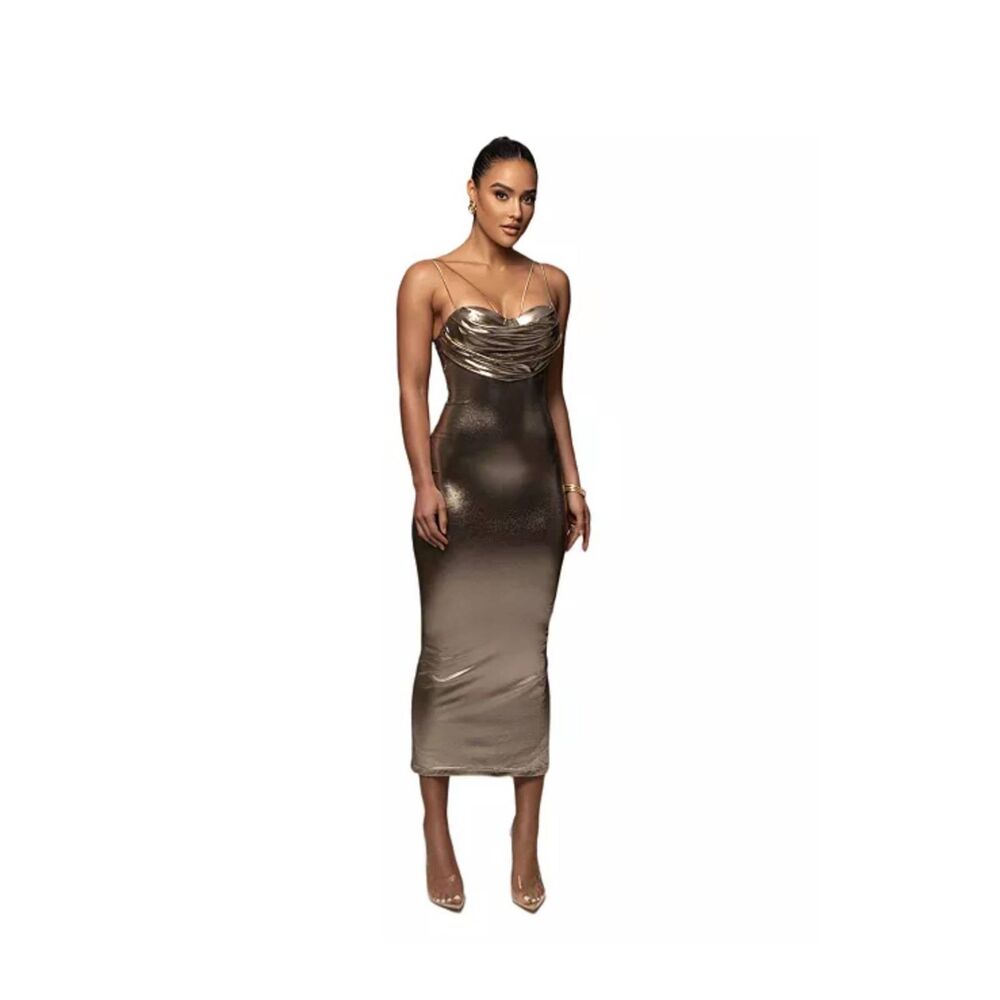 JLUXLABEL Metallic Bronze Cowl Midi Dress